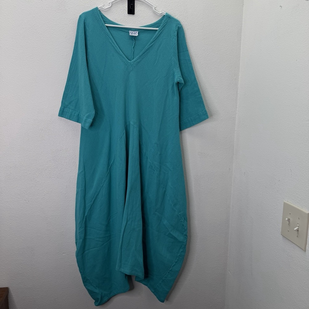 Oh My Gauze SZ 2 Blue 100% Cotton Midi Maxi Dress Lagenlook Coastal Cocoon L/XL
